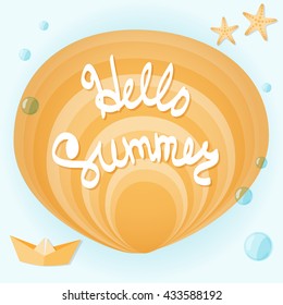 Seashells, starfish, paper boat, azure surf. Lettering: hello summer. Illustration on the summer theme.