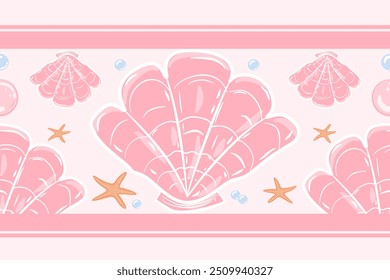 SeaShells and Starfish and Pearl one Pink Background Seamless Vector for Design and Print fabric, tile, carpet, vector, illustration design