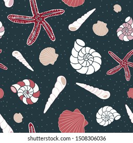 seashells, starfish, sand with contrasting colors, red, beige, white on navy blue background. Vector seamless pattern.