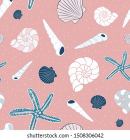 seashells, starfish, sand, dark blue, light pink, white, on powder pink background. Vector seamless pattern.