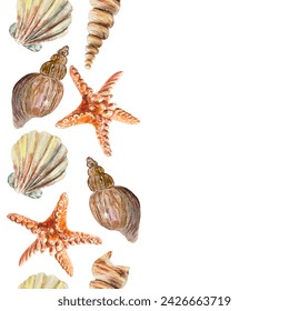 Seashells, starfish, seamless border, vertical, watercolor. Sea life vector illustration. Postcards, travel banners, labels, invitations, covers.