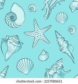 Seashells and starfish seamless pattern background vector illustration. Aquatic marine life wallpapers