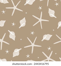 Seashells and starfish seamless pattern. For fabric summer