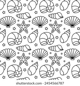 Seashells and starfish seamless pattern. Marine background. Aquatic marine life doodle wallpapers. Sea fauna. For invitations, greeting cards, posters, prints, banners, flyers