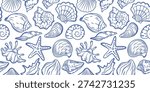 Seashells, starfish Seamless Pattern. Tropical beach, shells. Blue Marine Summer coastal aesthetic. Hand drawn Mediterranean endless vector background