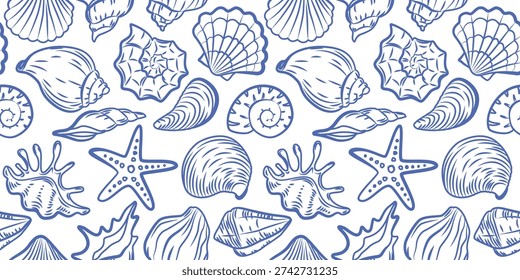 Seashells, starfish Seamless Pattern. Tropical beach, shells. Blue Marine Summer coastal aesthetic. Hand drawn Mediterranean endless vector background