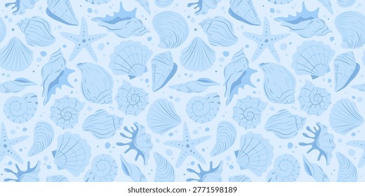 Seashells, starfish Seamless Pattern. Tropical beach, shells. Italian vacation. Marine Summer coastal aesthetic. Hand drawn Mediterranean endless vector background