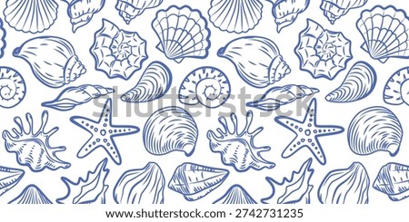 Seashells, starfish Seamless Pattern. Tropical beach, shells. Blue Marine Summer coastal aesthetic. Hand drawn Mediterranean endless vector background