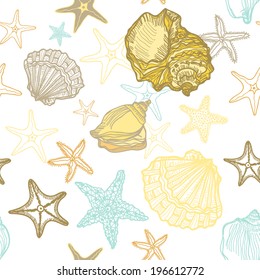 Seashells and starfish, seamless pattern. Vector illustration