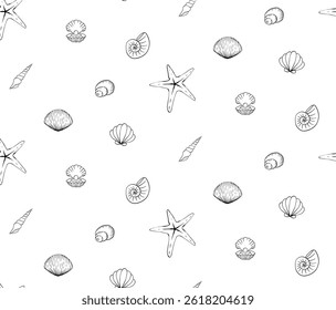 Conchas e estrelas-do-mar Padrão sem emenda. Design de tinta de linha gráfica vetorial para impressão de tecido. Banner, poster, papel de embrulho, adesivo, impressão, design têxtil moderno. web, pacote, adesivo.
