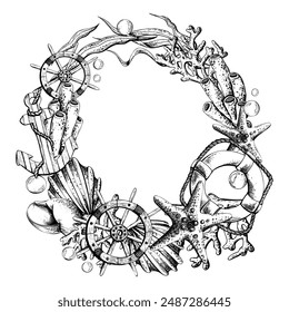 Seashells, starfish, seaweed, coral with anchor and steering wheel, lifebuoy and water bubbles. Illustration of graphic line art in black and white, hand drawn. Round wreath, frame, template for text.