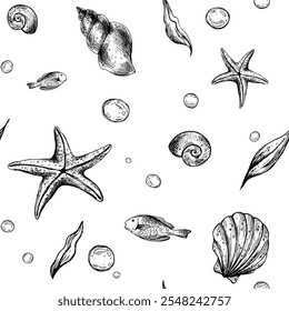 Conchas, estrelas-do-mar, algas marinhas, peixes e bolhas. Mão de ilustração gráfica desenhada a tinta preta. Vetor EPS padrão sem costura. para tecido, têxtil, impressões, design e decoração.