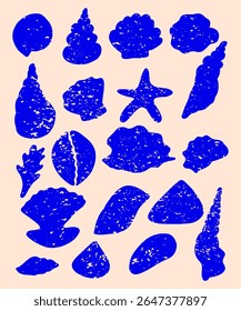 Seashells and starfish silhouette set, Crayon Sea shell collection, Chalk Underwater marine life sea shell, Blue grunge vector