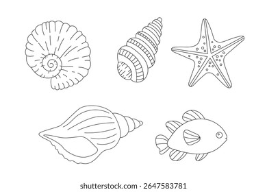 Seashells, starfish and tropical fish coloring page vector illustration for ocean themed art and relaxing activities