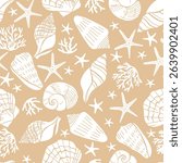 Seashells and starfish vector seamless pattern. Marine life creatures colorful drawings.