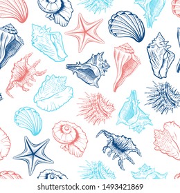 Seashells and starfish vector seamless pattern. Marine life creatures colorful drawings. Sea urchin freehand outline. Underwater animals engraving. Wallpaper, wrapping paper, textile design