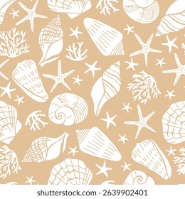 Seashells and starfish vector seamless pattern. Marine life creatures colorful drawings.