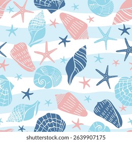 Seashells and starfish vector seamless pattern. Marine life creatures colorful drawings.