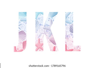 Seashells and starfishes alphabet set. Marine retro vector letters J, K, L. Light and soft pastel colors