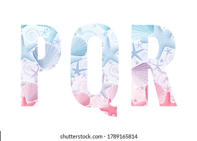 Seashells and starfishes alphabet set. Marine retro vector letters P, Q, R. Light and soft pastel colors