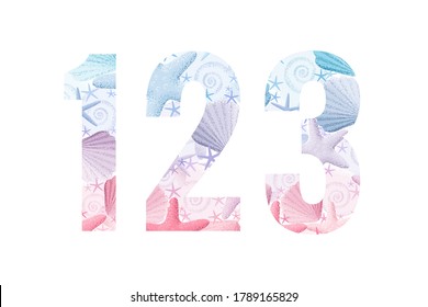 Seashells and starfishes alphabet set. Marine retro vector letters. Numbers 1, 2, 3. Light and soft pastel colors