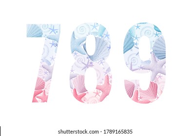 Seashells and starfishes alphabet set. Marine retro vector letters. Numbers 7, 8, 9. Light and soft pastel colors