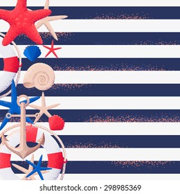 Seashells, starfishes, life buoy and anchors stripe. Striped vest background can be used as seamless pattern. Retro vector illustration. Place for your text. Design for poster, flyer, invitation, card