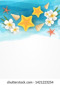 Seashells, starfishes and tropical flowers on abstract watercolor brushed background. Summer tropical travel vacation conceptual background