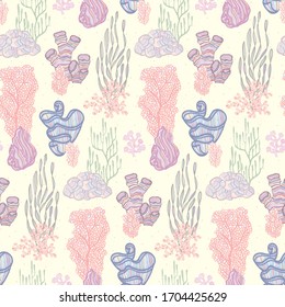Seashells, starfishs, mollusks, Coral and Algae vector graphic colorful pattern