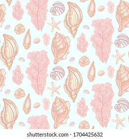 Seashells, starfishs, mollusks, Coral and Algae vector graphic colorful pattern