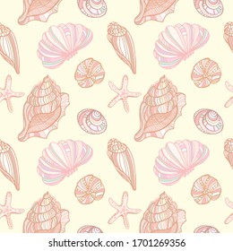 Seashells, starfishs, mollusks  vector graphic colorful pattern