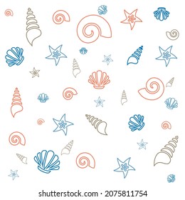 Seashells, stars and sea cones pattern. texture for packaging and marine-themed products. Soft colors.