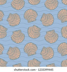 seashells and stripes on blue background, monochrome seamless vector pattern