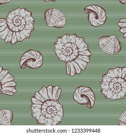 seashells and stripes on green background, monochrome seamless vector pattern