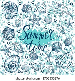 Seashells, summer, holidays, set of seashells and starfish, vector. Hand drawn sea shells and starfishes. Beautiful inscription in modern calligraphy.