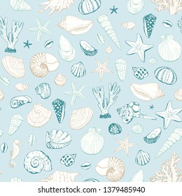 seashells summer vector doodle hand drawn seamless pattern