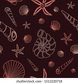 Seashells, various, line art, pink and peach color on mocha chocolate color background. Vector seamless pattern.