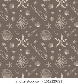 Seashells, various, outlines, beige color on milk chocolate color background. Vector seamless pattern.