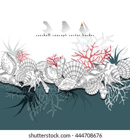 Seashells Vector Border Turquoise Concept Border. Seashells Isolated Line Art Illustration With Different Corals, Algae, Sea Life And Background.