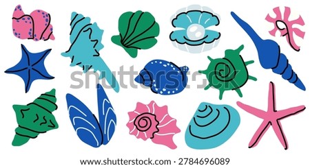 Seashells vector elements set featuring cute cartoon sea shells, starfish, and clam with pearl. Hand drawn ocean collection in trend colors isolated on white background for summer design