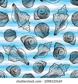 Seashells vector illustration. Aquatic background. Marine blue seamless pattern.