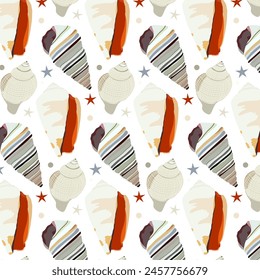 Seashells, vector pattern. For print. Seashells background.