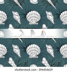 Seashells vector seamless pattern with algae, corals in different forms turquoise background. Sea life, underwater isolated hand drawn concept illustration.