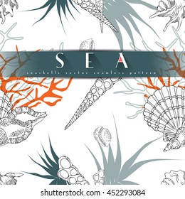 Seashells vector seamless pattern with algae, orange coral in different forms white background. Sea life, underwater isolated hand drawn concept illustration, line art.