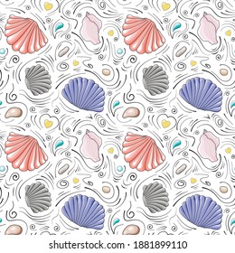 Seashells vector seamless pattern in cartoon style. Gray and red semicircular seashells, pale pink seashells, sea stones, drops and black doodle lines