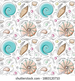 Coquillages image vectorielle motif harmonieux de dessin animé. Coquillages beiges et bleus, pierres de mer, sphères multicolores et lignes de gribouillis noir