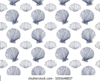 Seashells vector seamless pattern. Hand drawn illustration of scallop with engraved line. Monochrome blue background.