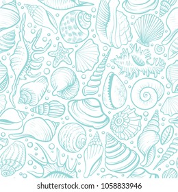 Seashells vector seamless pattern. Hand drawn marine illustrations of blue engraved line. Colorful background.