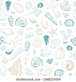 Seashells vector seamless pattern. Hand drawn illustrations of engraved line. 