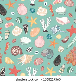 Seashells vector seamless pattern. Hand drawn illustrations of engraved line. 